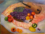 Fruits and a violin with no strings